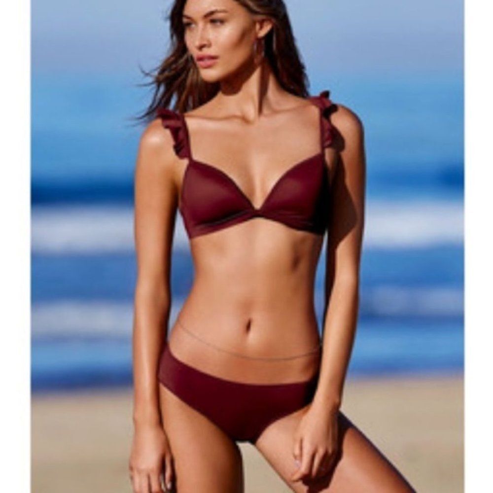 Victoria's Secret Pink Bikini Top Triangle Swimsuit Summer Purple Ruffle Size XS